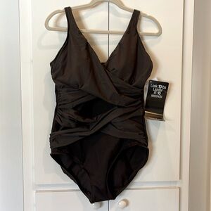 Miraclesuit Chocolate Brown Gathered Sides Slimming Swim Suit Bathing NWT…
